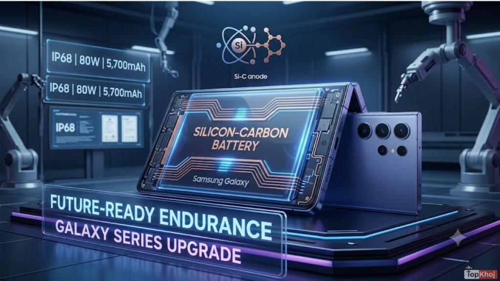 Futuristic visual of the Samsung Galaxy Z Fold 8 Ultra and Galaxy S27 Ultra internals, highlighting a glowing 'Silicon-Carbon Battery' unit with 'Future-Ready Endurance' text.