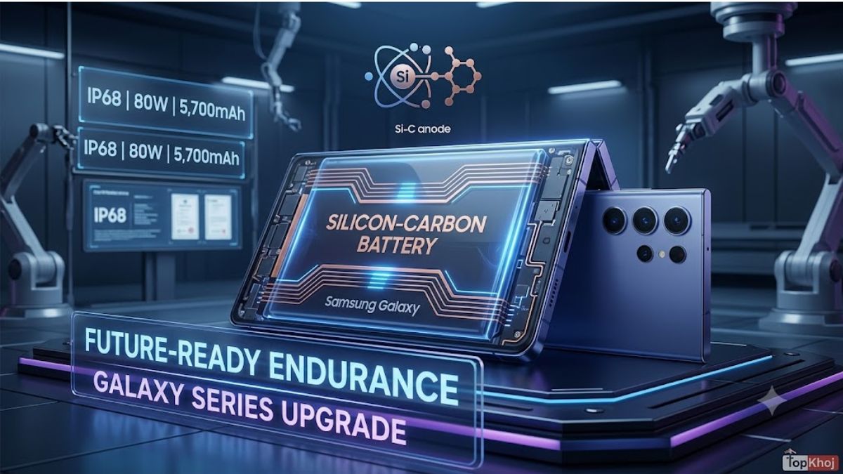 Futuristic visual of the Samsung Galaxy Z Fold 8 Ultra and Galaxy S27 Ultra internals, highlighting a glowing 'Silicon-Carbon Battery' unit with 'Future-Ready Endurance' text.