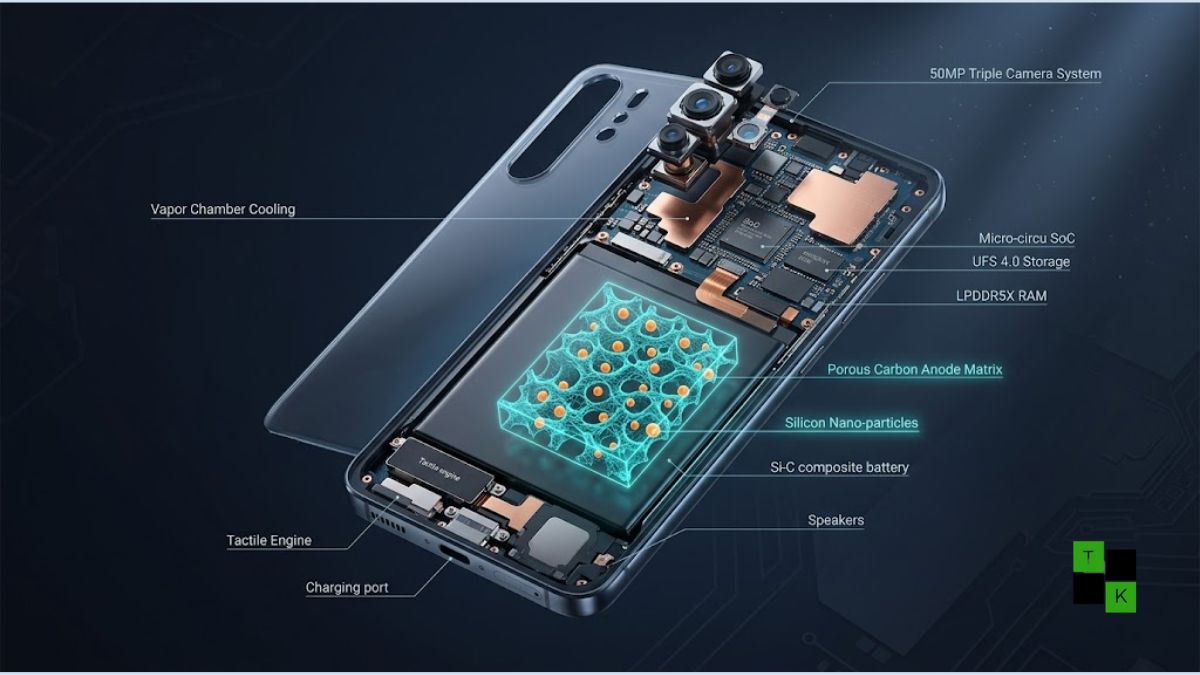 3D exploded cutaway view of a flagship smartphone showing an ultra-thin Silicon-Carbon (Si-C) battery, transparent chassis, processor, camera modules, and internal components with a holographic battery structure.