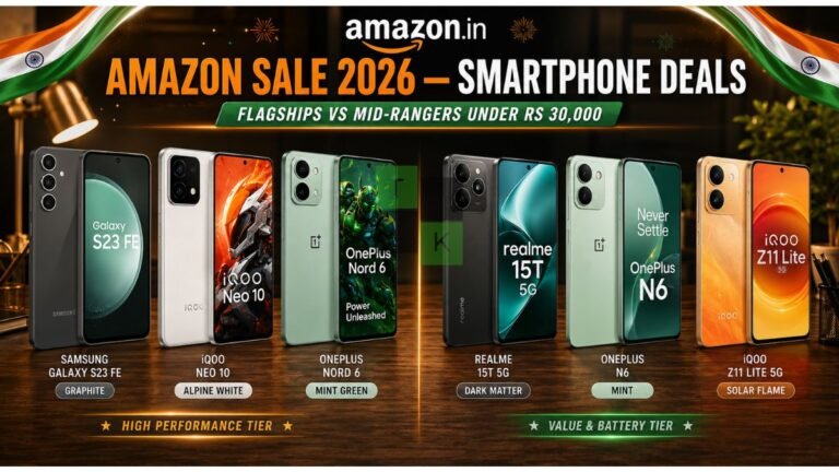 Amazon Sale Smartphone Deals 2026 buying guide comparing six smartphones on a wooden table
