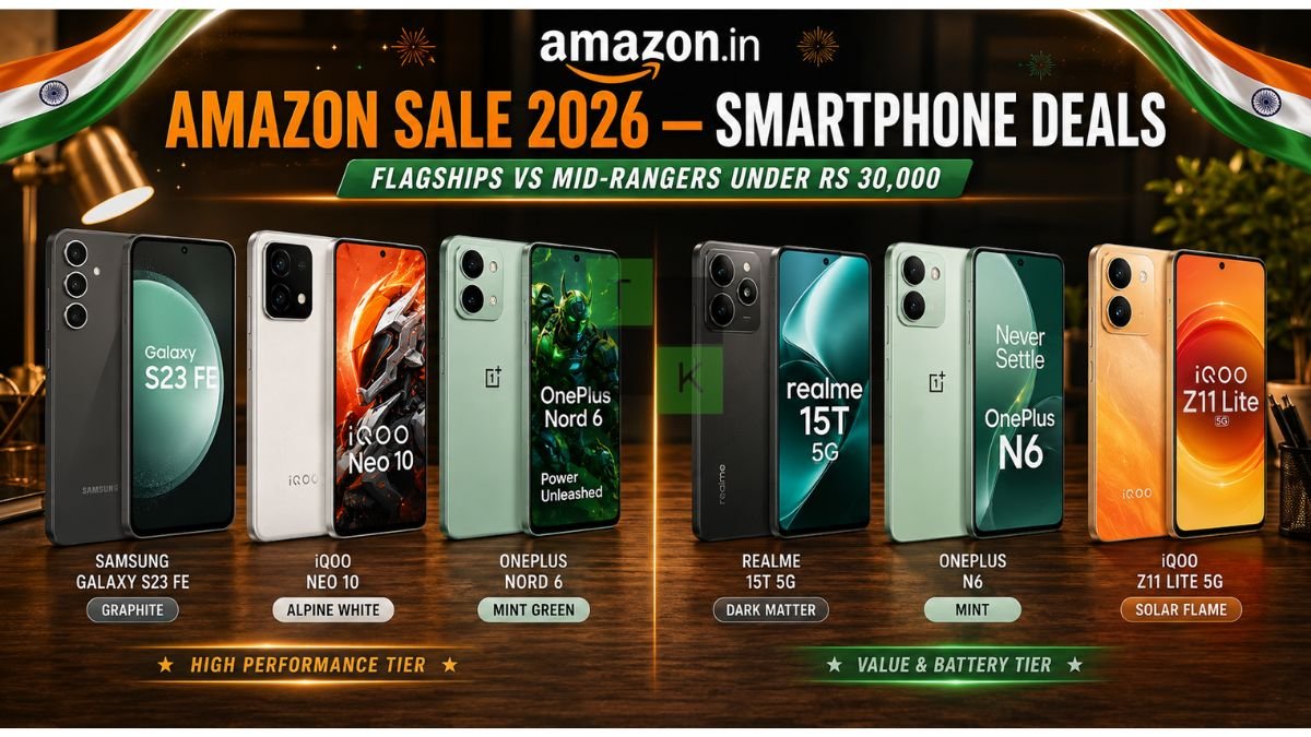 Amazon Sale Smartphone Deals 2026 buying guide comparing six smartphones on a wooden table
