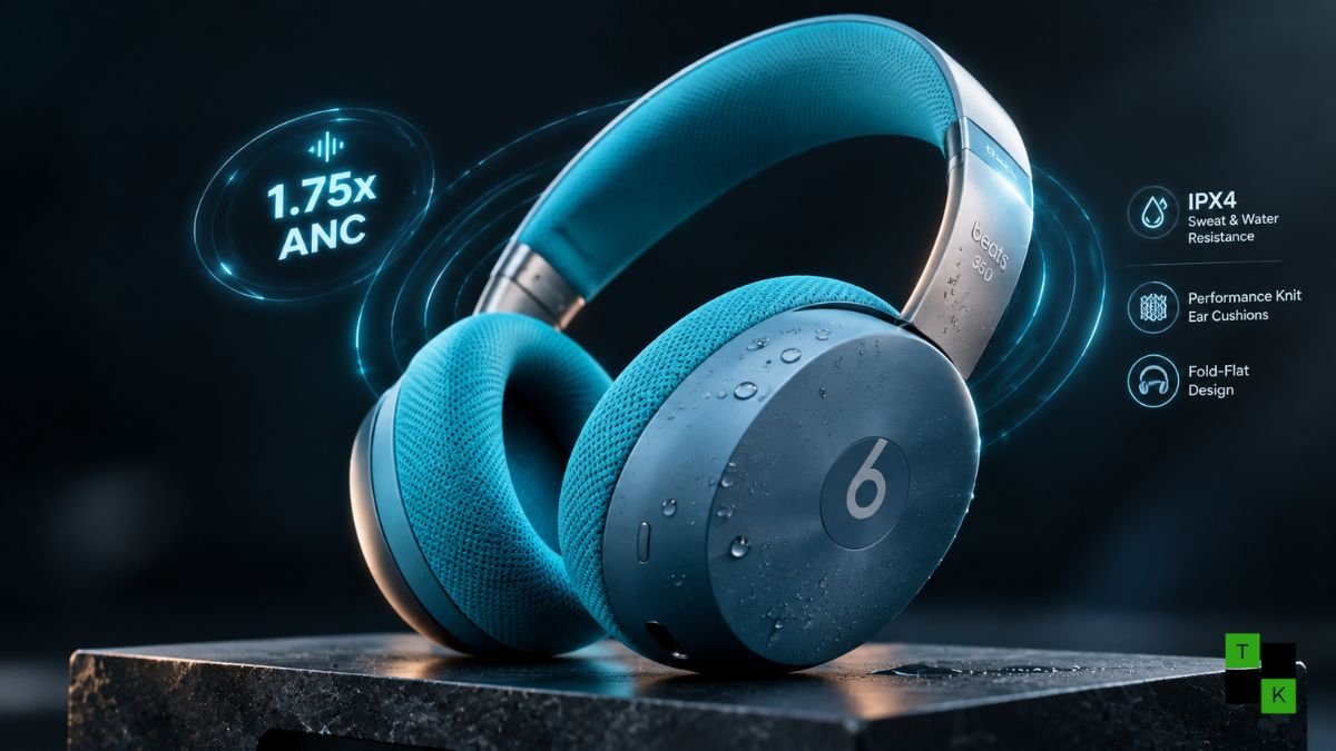 Apple Beats 360 wireless over-ear headphones with interchangeable knit ear cushions, IPX4 sweat resistance, and 1.75x ANC.