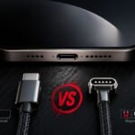 Close-up inspection of Apple iPhone bottom port comparing standard USB-C against rumored magnetic connector pins for iPhone 18 fact check.