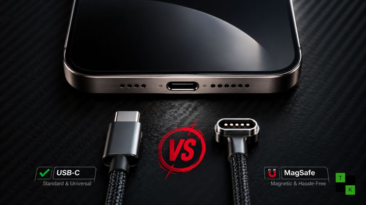 Close-up inspection of Apple iPhone bottom port comparing standard USB-C against rumored magnetic connector pins for iPhone 18 fact check.