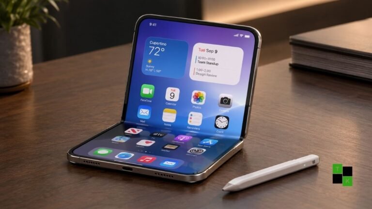 A compact white digital stylus resting beside an open book-style foldable smartphone on a minimalist desk.
