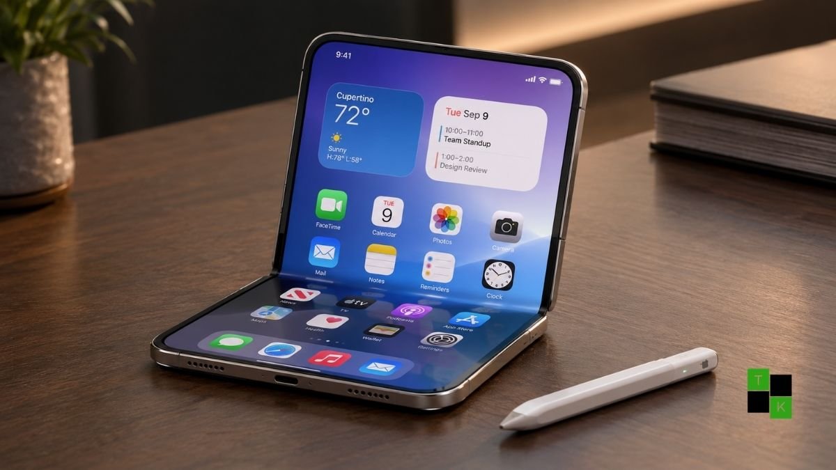 A compact white digital stylus resting beside an open book-style foldable smartphone on a minimalist desk.