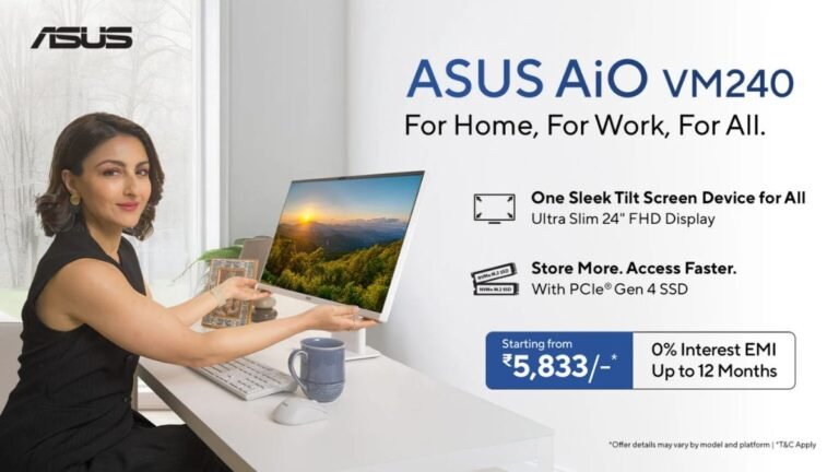 ASUS VM240 AiO 24-inch all-in-one desktop PC with slim stand, 1080p webcam, and AMD Ryzen 5 processor.