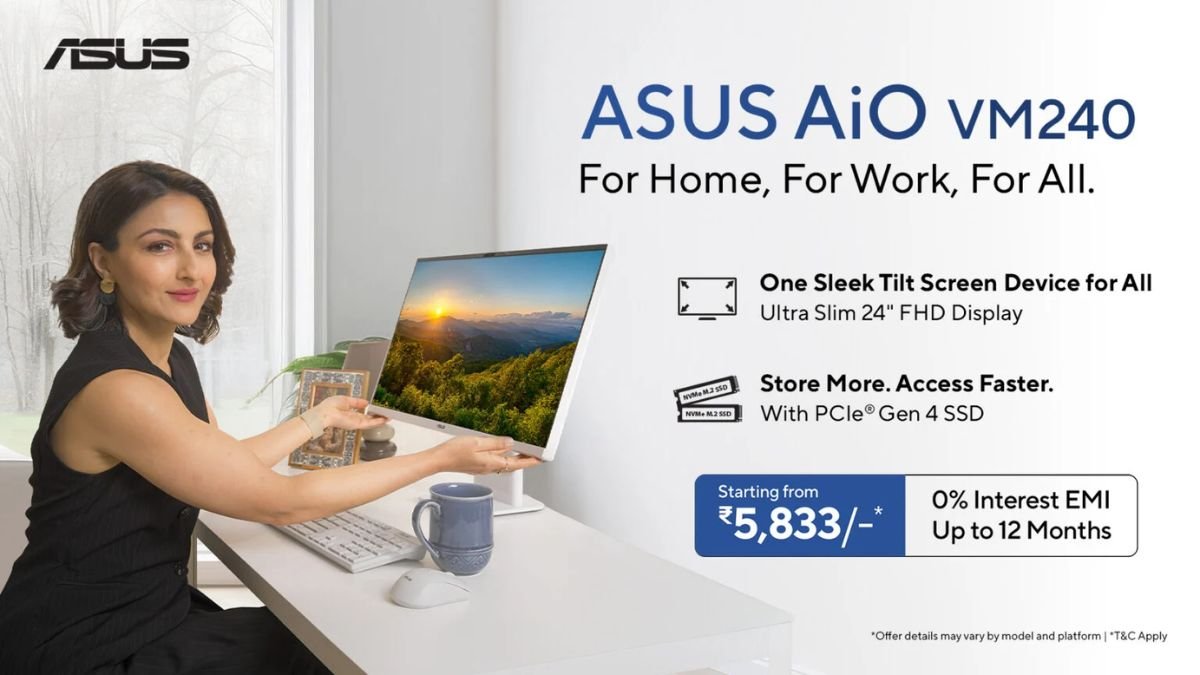 ASUS VM240 AiO 24-inch all-in-one desktop PC with slim stand, 1080p webcam, and AMD Ryzen 5 processor.