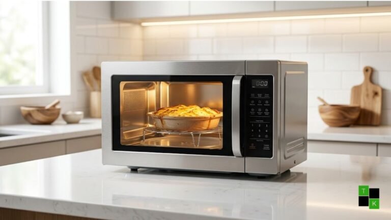 Stainless steel convection microwave oven on a kitchen countertop with warm interior lighting and baked food on a wire rack