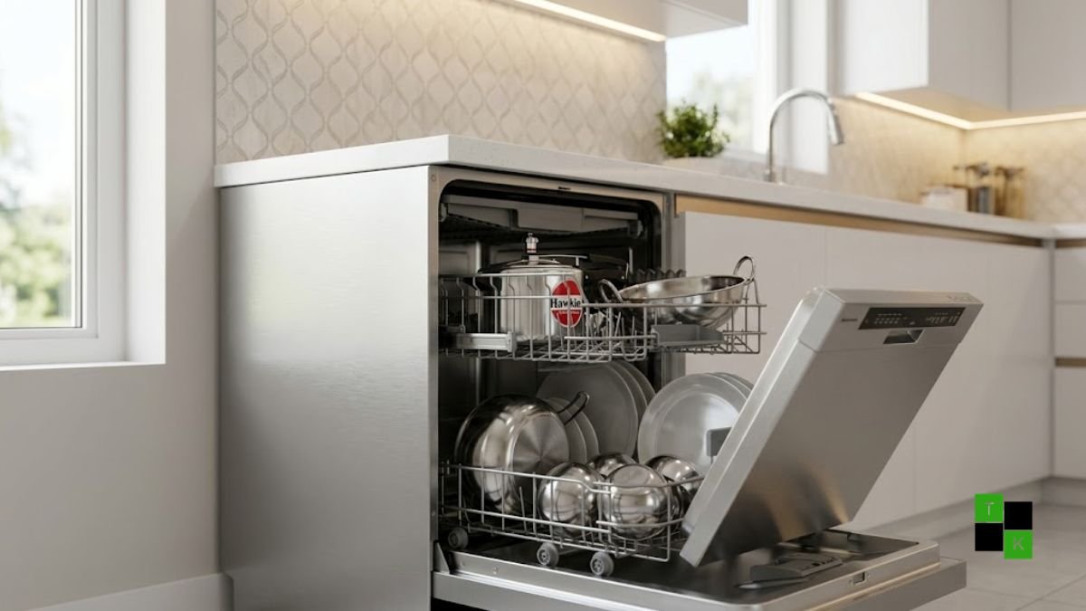 Stainless steel freestanding dishwasher loaded with Indian stainless steel cookware in a modern kitchen