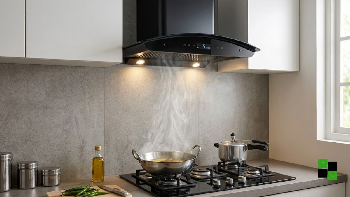 Modern Indian kitchen with an installed black filterless auto clean chimney over a gas stove