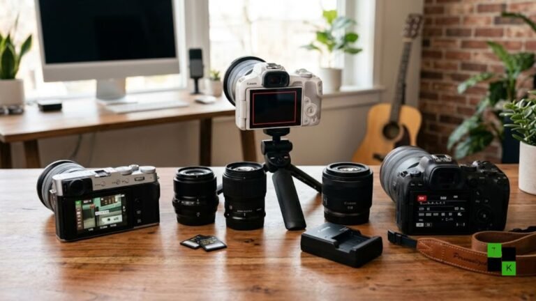 Professional content creator comparing mirrorless camera bodies with interchangeable zoom lenses on a wooden desk