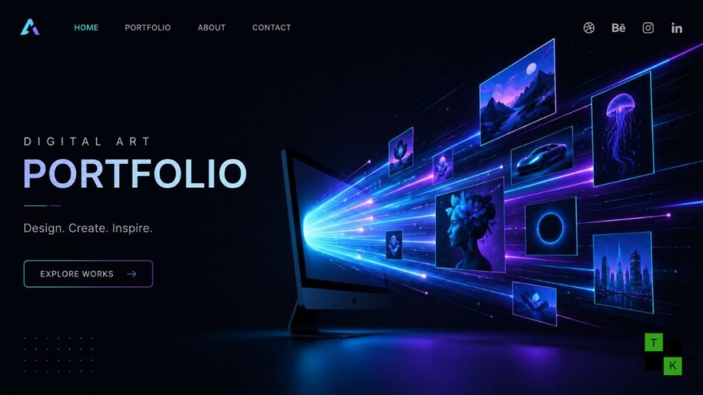 Modern laptop workspace displaying a creative portfolio layout, representing the cheapest web hosting for portfolio website options.