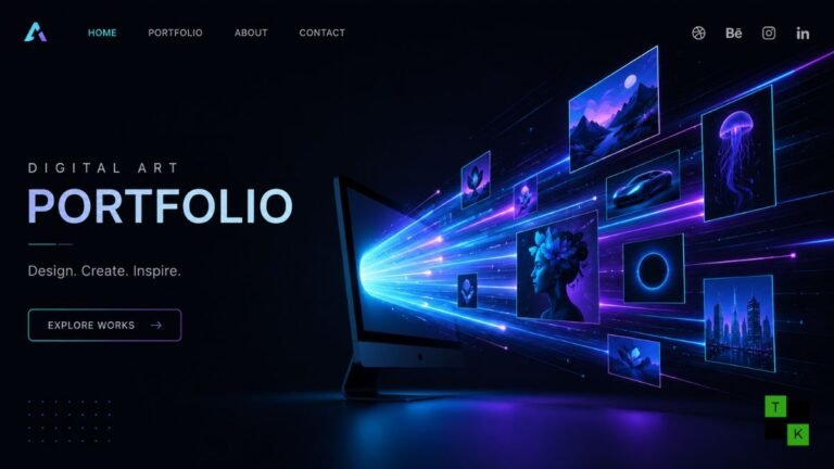 Modern laptop workspace displaying a creative portfolio layout, representing the cheapest web hosting for portfolio website options.