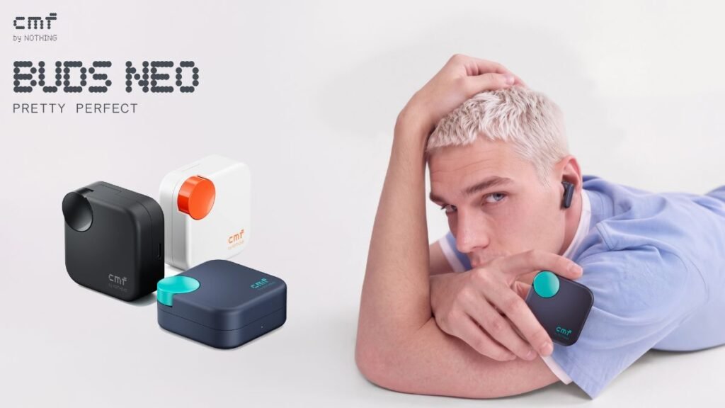 CMF Buds Neo true wireless earbuds and square charging case with 35dB ANC and 52-hour battery life.