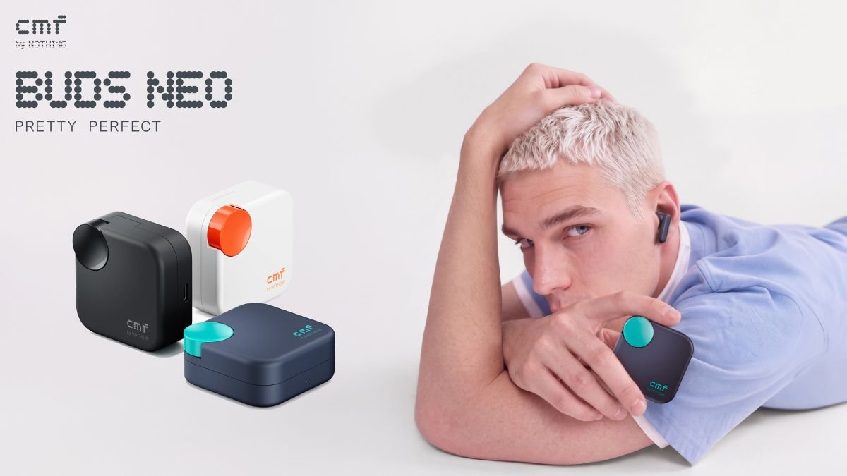 CMF Buds Neo true wireless earbuds and square charging case with 35dB ANC and 52-hour battery life.