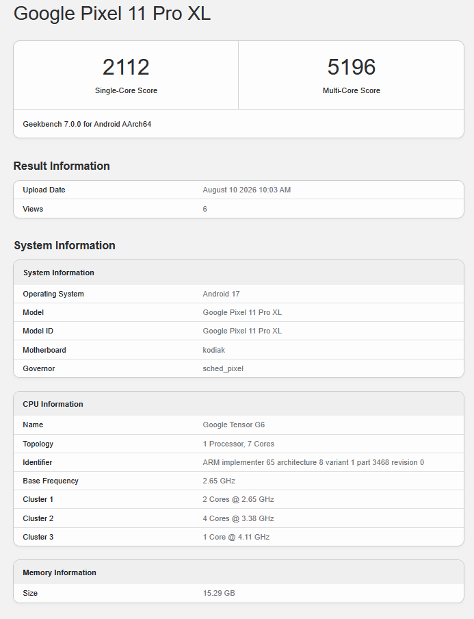 google tensor g6 pixel 11 pro xl geekbench listing