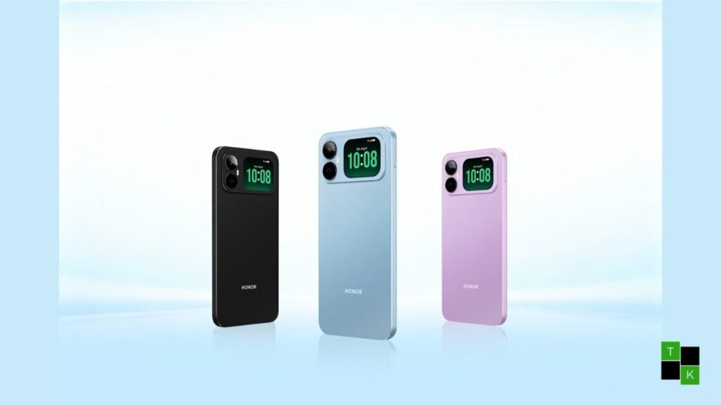 Honor Play 20A smartphone showcasing rear secondary selfie display, 6.9-inch screen, and 6,000mAh battery.