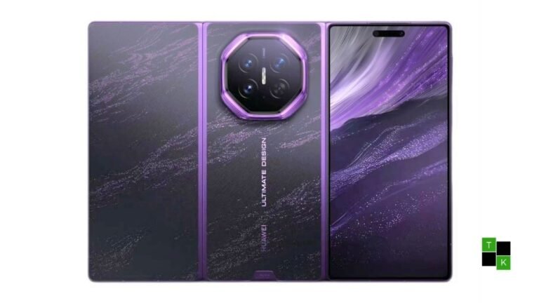 An editorial concept mockup of a tri-fold smartphone partially unfolding on a modern dark exhibition pedestal.