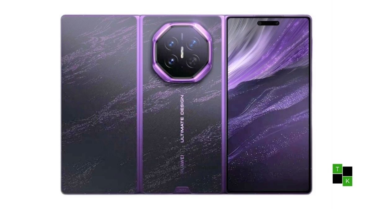 An editorial concept mockup of a tri-fold smartphone partially unfolding on a modern dark exhibition pedestal.