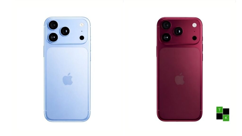 A mockup image showing the back of four iPhone 18 Pro dummy units in Dark Cherry, Light Blue, Dark Gray, and Silver finishes.