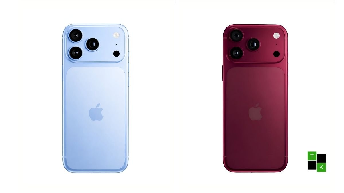 A mockup image showing the back of four iPhone 18 Pro dummy units in Dark Cherry, Light Blue, Dark Gray, and Silver finishes.