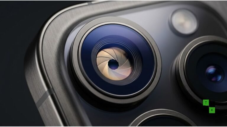 A detailed close-up conceptual rendering of a smartphone camera lens featuring visible mechanical variable aperture blades inside the glass element.