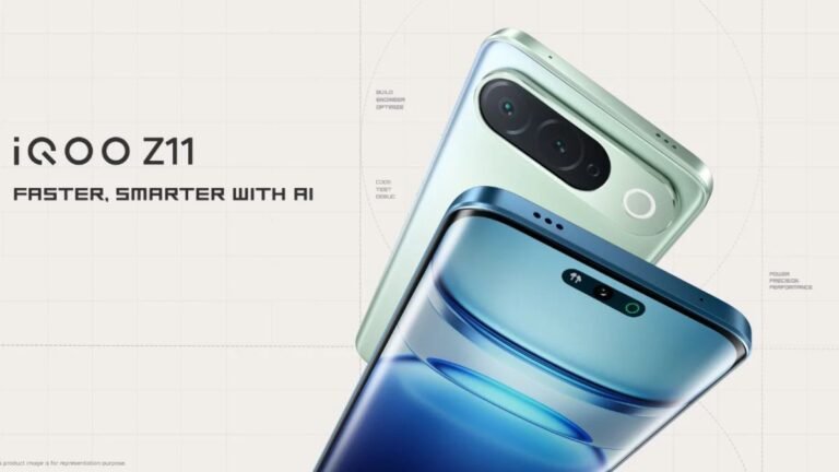 iQOO Z11 5G smartphone in Aurora Green with 7,050mAh battery and Dimensity 7500 Turbo processor.