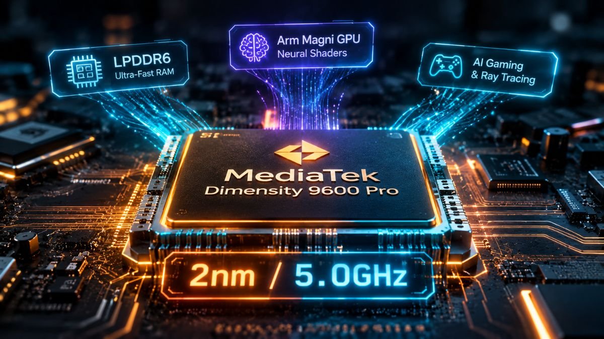 MediaTek Dimensity 9600 Pro flagship 2nm mobile processor with 5GHz clock speed and Arm Magni GPU.
