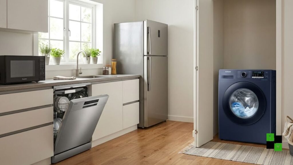 Sleek modern kitchen with stainless steel smart appliances and energy efficient laundry setup