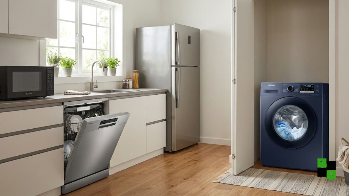 Sleek modern kitchen with stainless steel smart appliances and energy efficient laundry setup