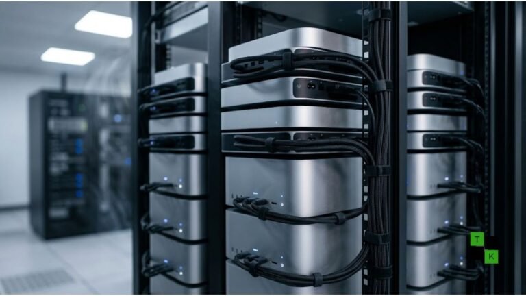 A rack of silver Apple Mac mini and Mac Studio desktop computers glowing with server activity lights in a modern AI laboratory.