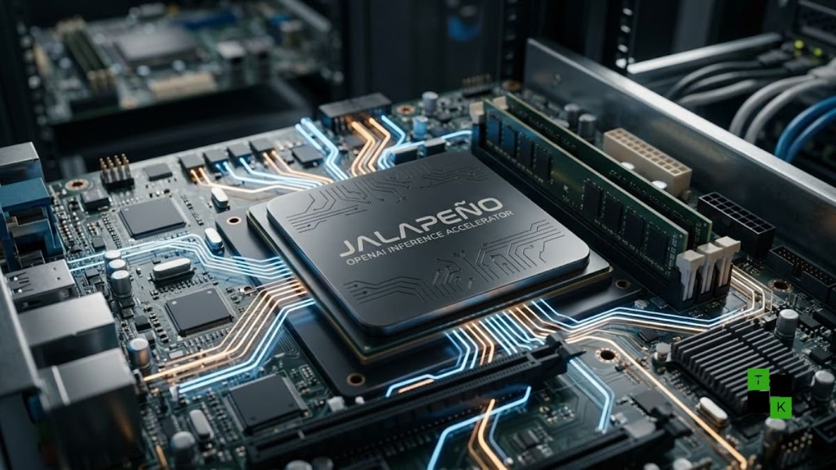 An abstract editorial visual of OpenAI's custom Jalapeño silicon die glowing on an advanced server board.