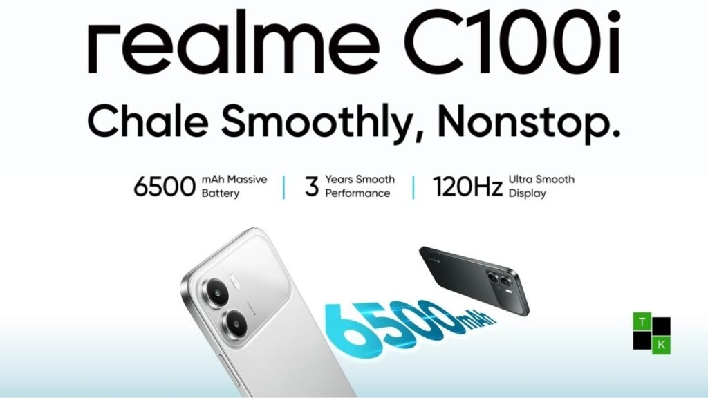 The Realme C100i 4G smartphone in Skyline Silver, showcasing its flat frame and horizontal camera array.
