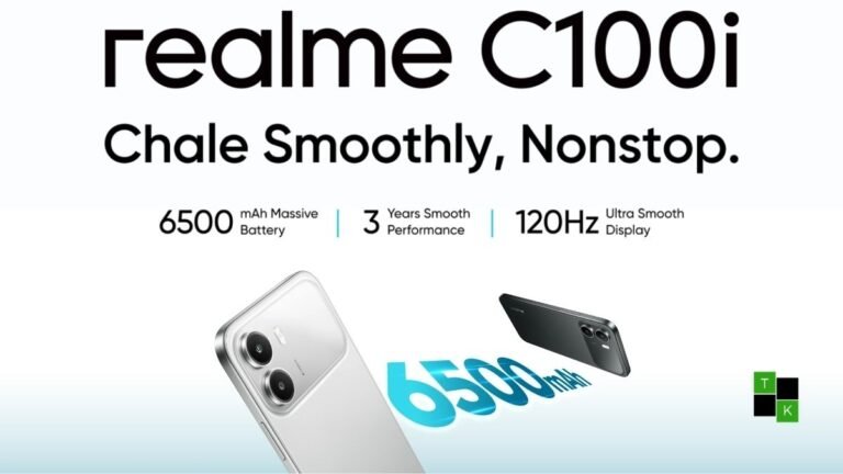 The Realme C100i 4G smartphone in Skyline Silver, showcasing its flat frame and horizontal camera array.