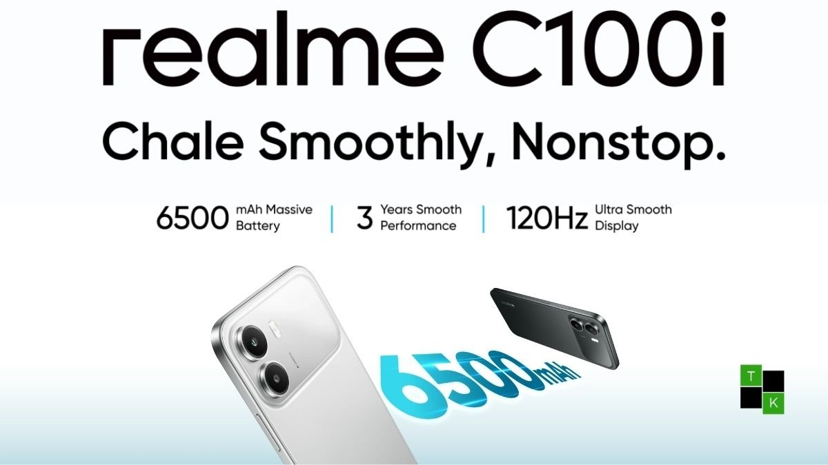 The Realme C100i 4G smartphone in Skyline Silver, showcasing its flat frame and horizontal camera array.