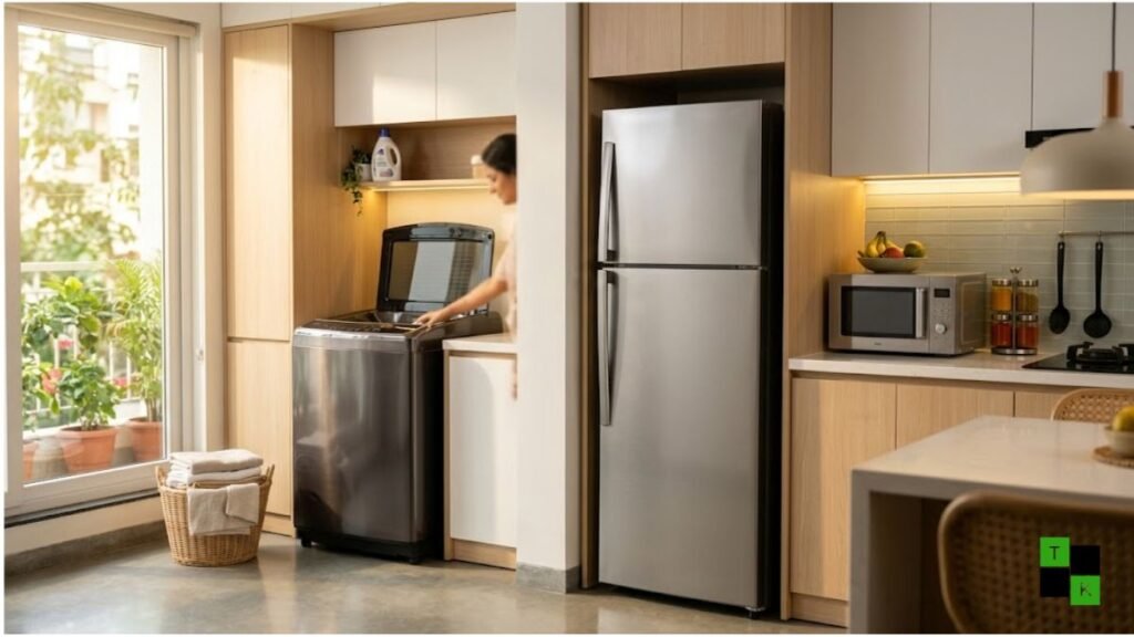 Modern home laundry and kitchen area with energy efficient top load washer, double door refrigerator, and microwave