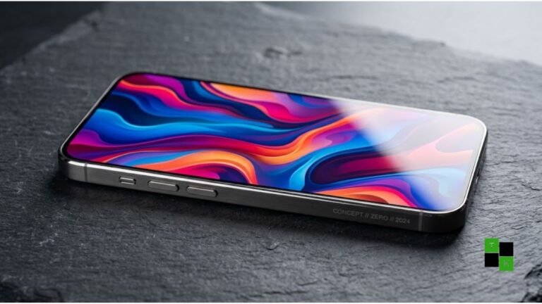 A modern concept smartphone featuring a zero-millimeter borderless front display with an active interface extending directly to the outer edges.