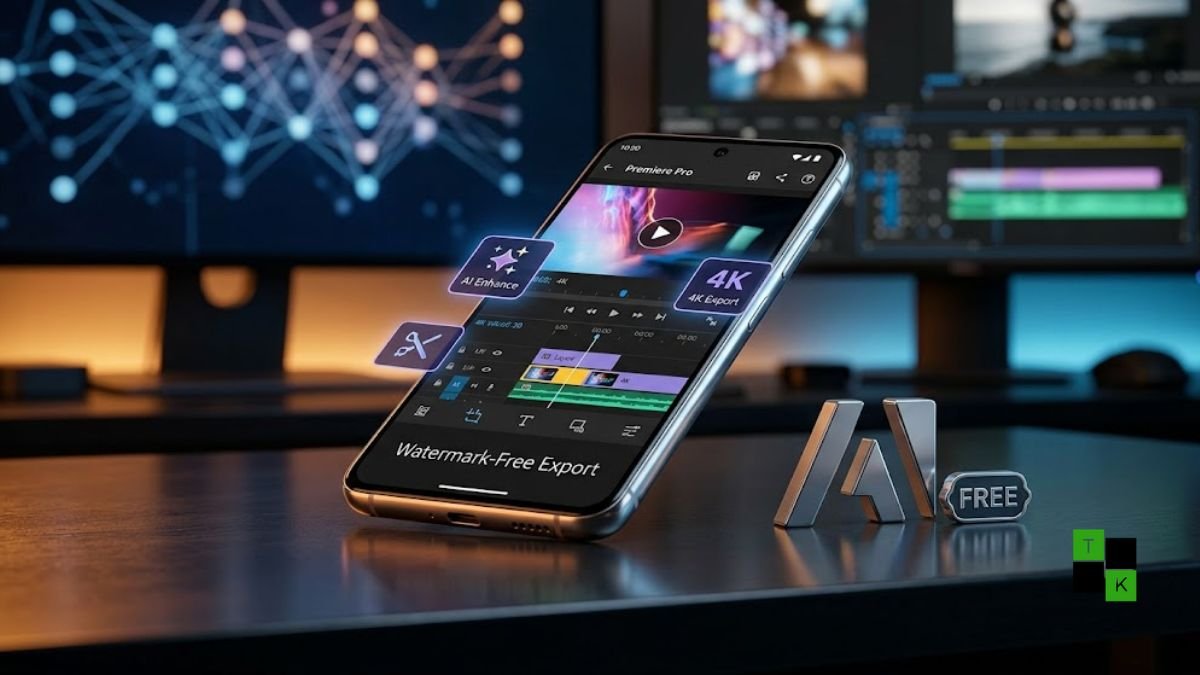 A modern Android smartphone displaying the Adobe Premiere video editor interface with multi-track timeline and 4K export indicators.