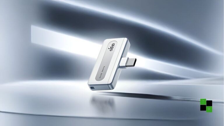 The Aigo PL10 T-shaped aluminum flash drive plugged into an iPhone showing its USB-C port, Lightning connector, and write-protection switch.