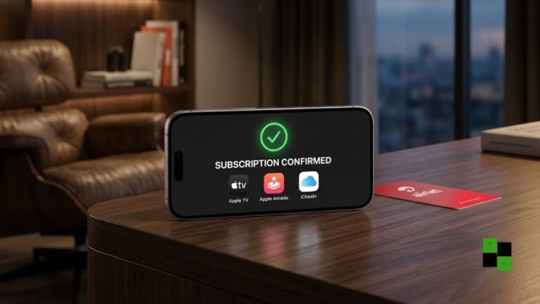 An iPhone displaying Apple TV and iCloud+ services alongside Airtel postpaid branding on a modern wooden desk.