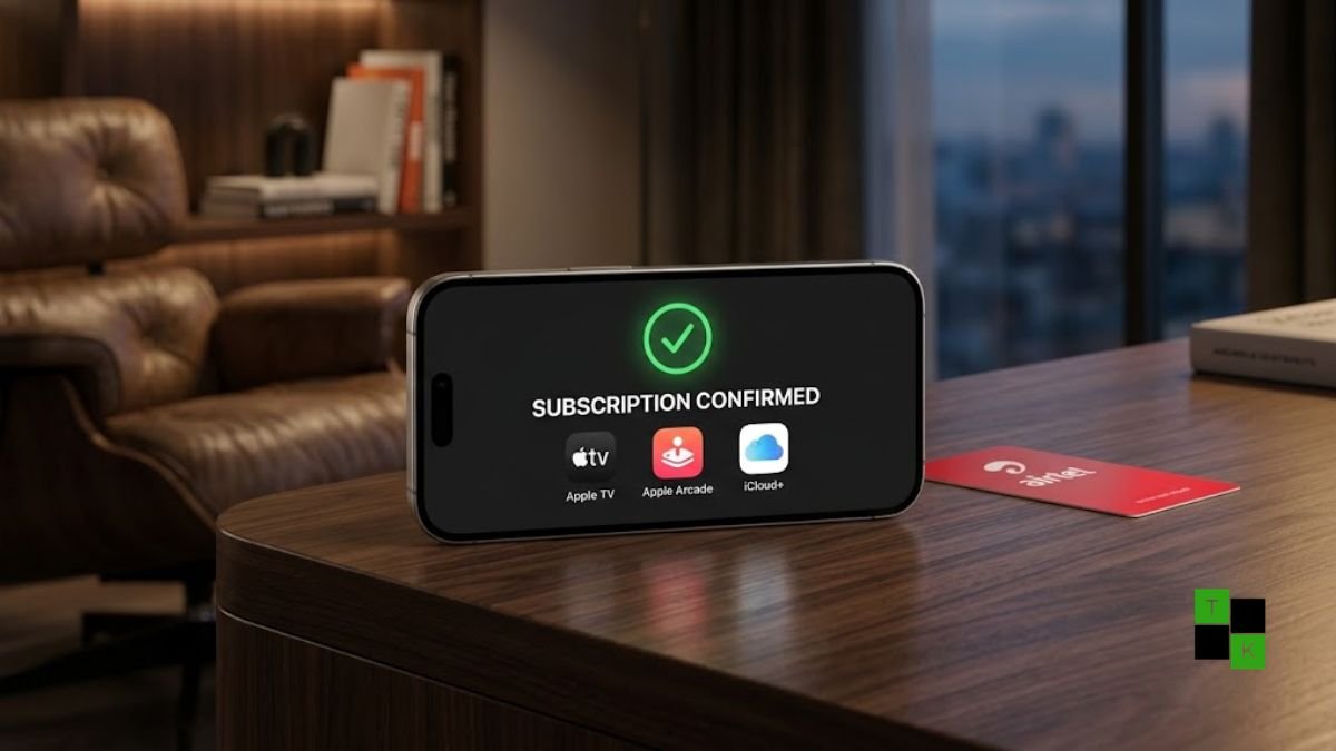 An iPhone displaying Apple TV and iCloud+ services alongside Airtel postpaid branding on a modern wooden desk.