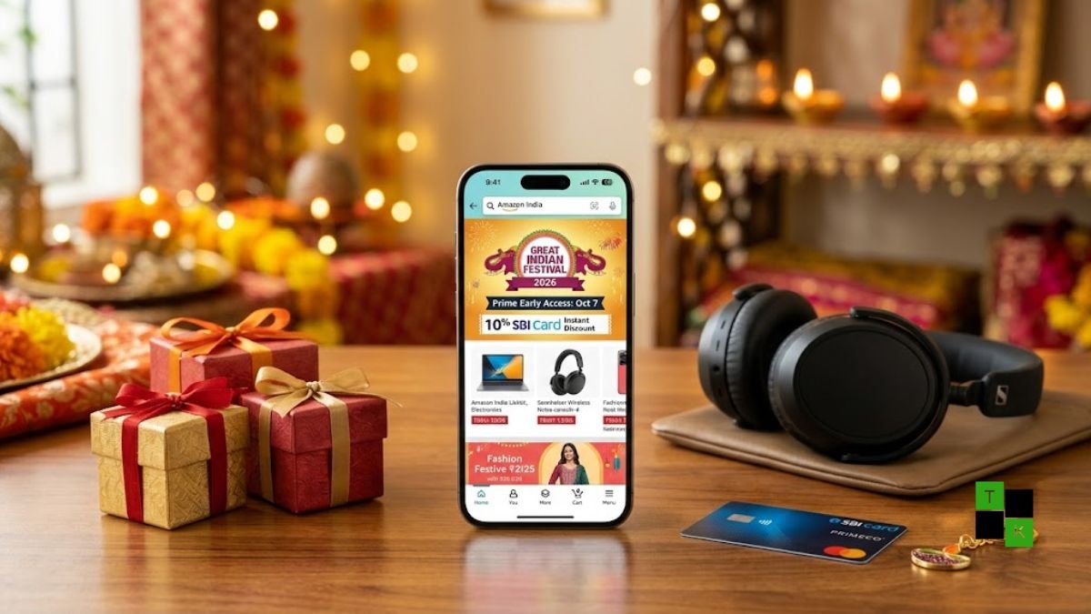 A modern smartphone displaying the Amazon Great Indian Festival 2026 storefront with Prime Early Access badges and festive gift boxes.