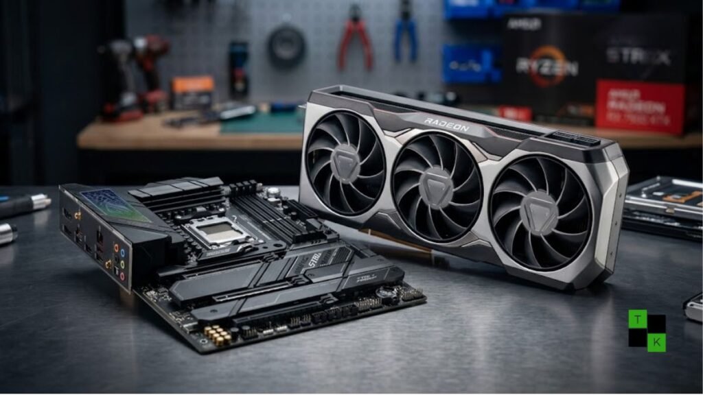 An AMD Radeon graphics card and a desktop motherboard resting on a dark workbench under dramatic lighting.