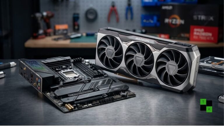 An AMD Radeon graphics card and a desktop motherboard resting on a dark workbench under dramatic lighting.