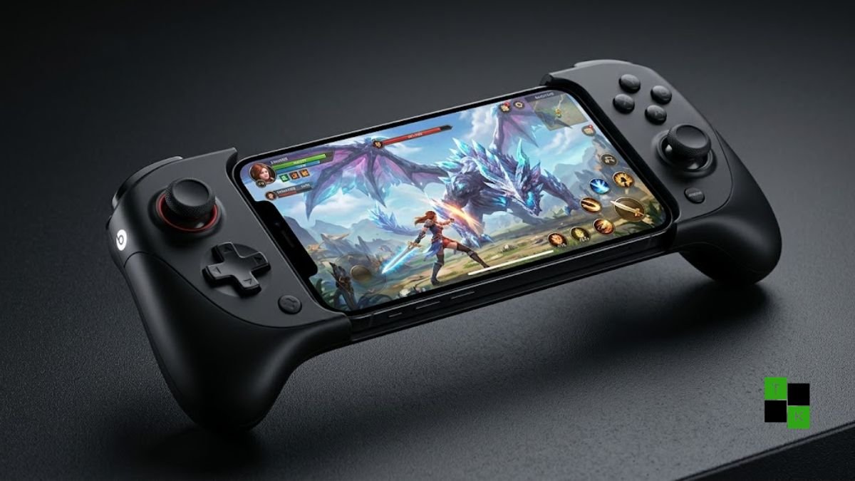 A mobile gaming controller bearing the red Beats logo attached to both sides of an iPhone running a mobile action game.
