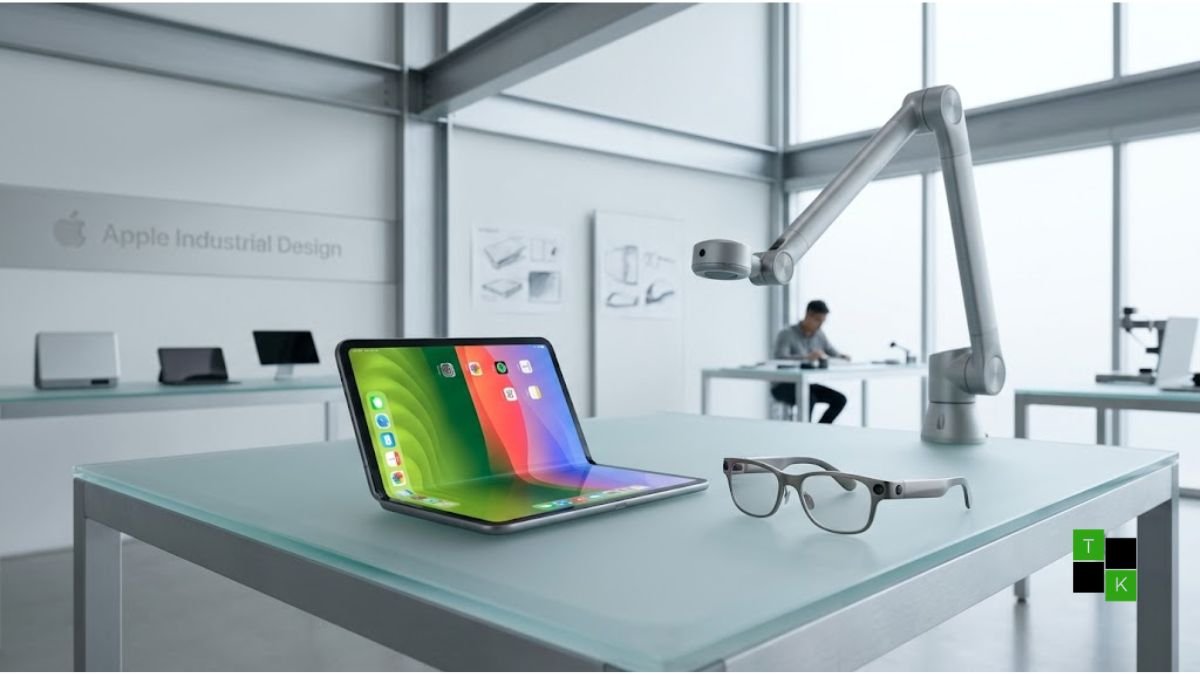 A conceptual visualization of a 20.3-inch foldable MacBook, minimalist AR smart glasses, and a tabletop robotic display in an Apple design lab.