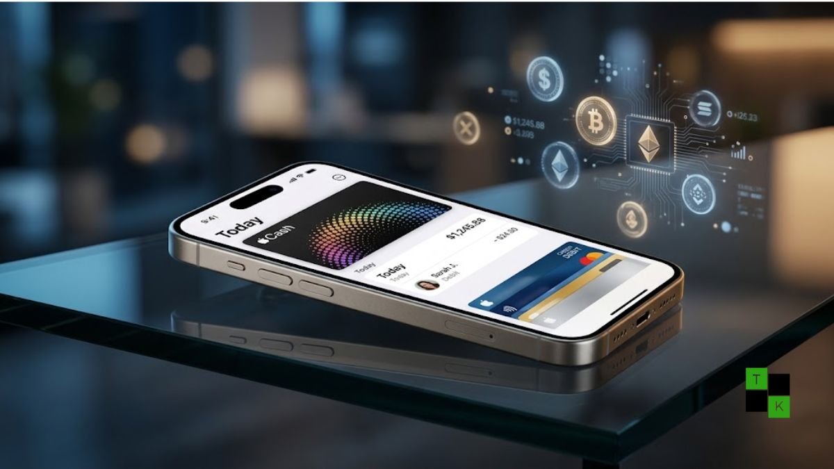 An iPhone using Apple Pay next to digital representations of tokenized stablecoins and blockchain network graphics.