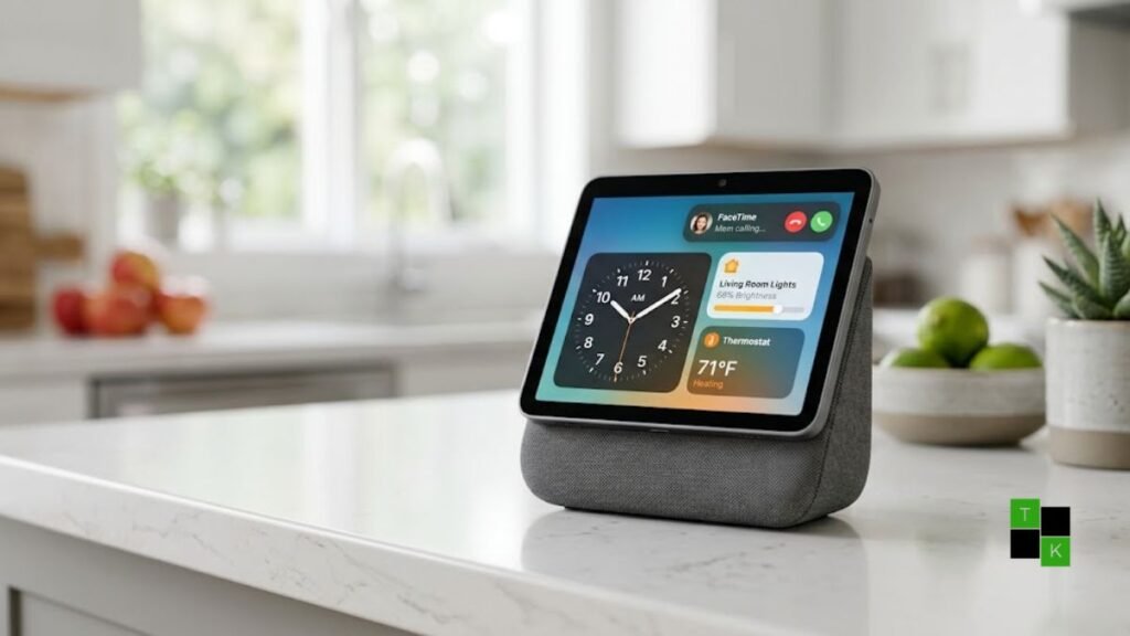 An Apple HomePad smart display on an acoustic speaker base showing the homeOS widget interface and a front-facing camera.
