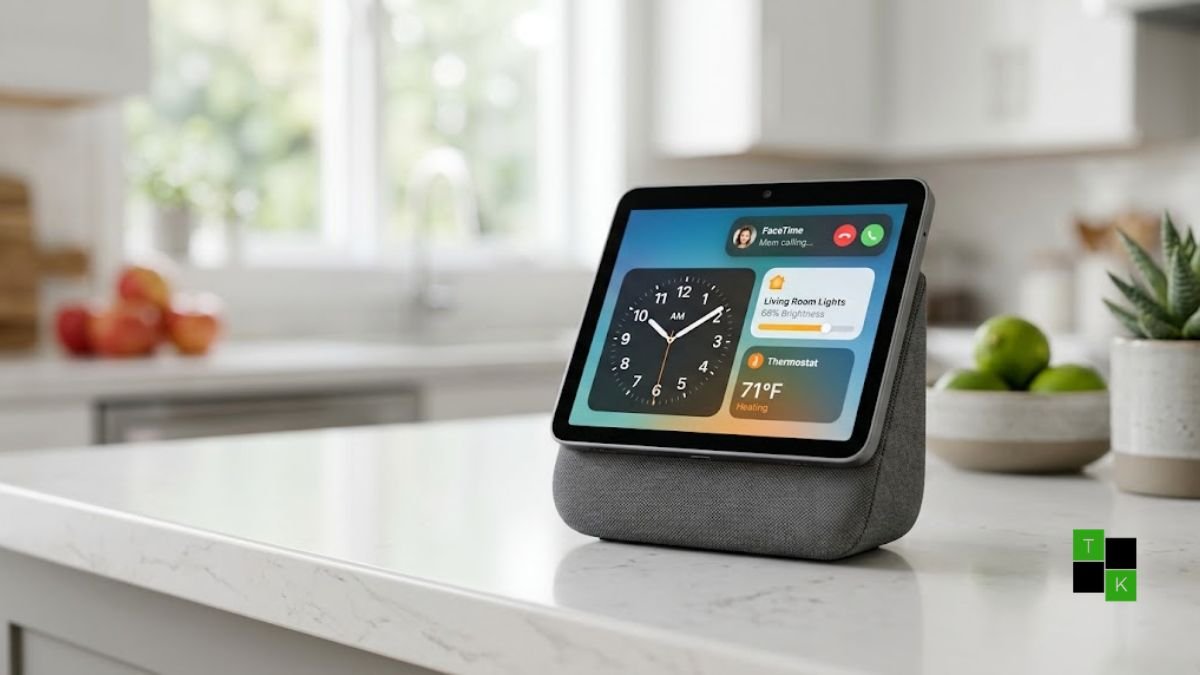 An Apple HomePad smart display on an acoustic speaker base showing the homeOS widget interface and a front-facing camera.